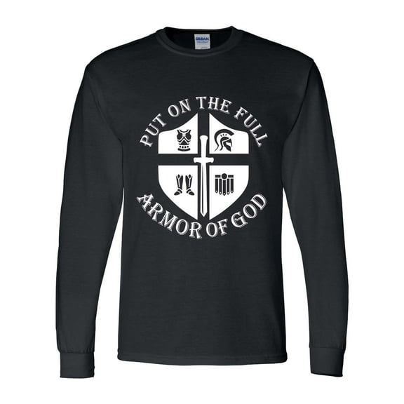 Mens Christian Tshirt Put on the Full Armor of God Christian Long Sleeve T-shirt Graphic Tee-Black-large