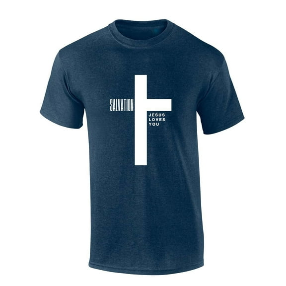 Mens Christian Tshirt Salvation Cross Jesus Loves You Short Sleeve T-shirt Graphic Tee-Heather Navy-5xl