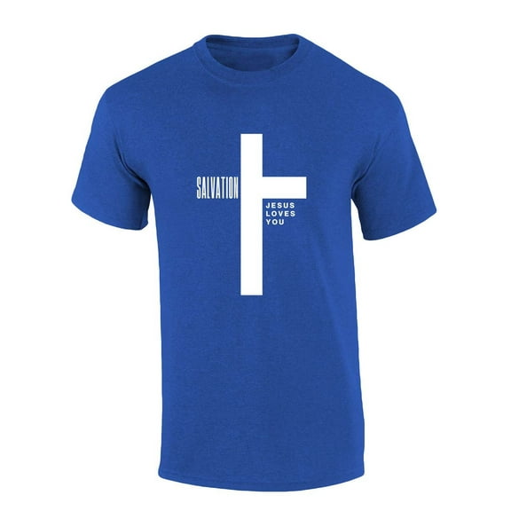Mens Christian Tshirt Salvation Cross Jesus Loves You Short Sleeve T-shirt Graphic Tee-Heather Royal-xl