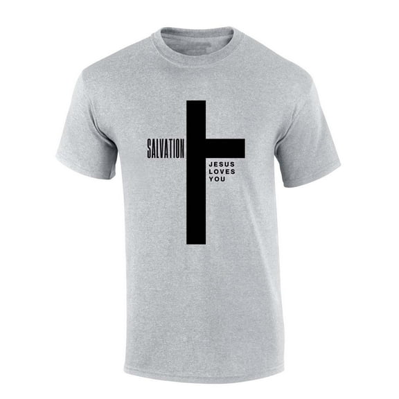 Mens Christian Tshirt Salvation Cross Jesus Loves You Short Sleeve T-shirt Graphic Tee-Sports Grey-large