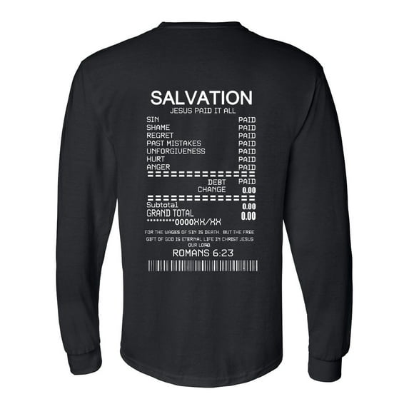 Mens Christian Tshirt Salvation Receipt Jesus Paid All Long Sleeve T-shirt-Black-xxxl