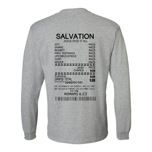 Mens Christian Tshirt Salvation Receipt Jesus Paid All Long Sleeve T-shirt-Sports Grey-large