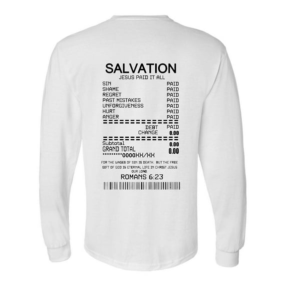 Mens Christian Tshirt Salvation Receipt Jesus Paid All Long Sleeve T-shirt-White-large