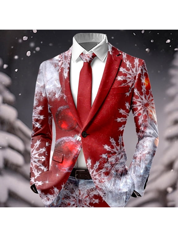Mens Christmas Blazer Christmas Suit Jacket Notched Lapel Long Sleeve Blazer (Red_5 L)