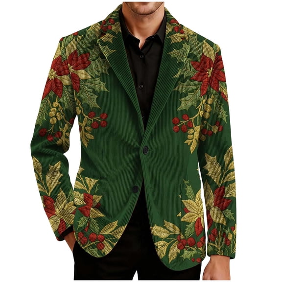 Mens Christmas Blazer Ugly Holiday Print Lightweight Corduroy Jacket Slim Fit Party Sport Coat with Pockets