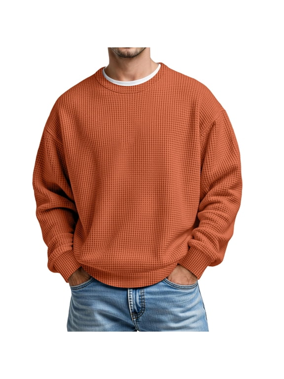 Mens Christmas Blouse Thermal Knit Long Sleeve Crewneck Soft Lightweight Mens Autumn and Winter Clothes,Orange,2XL