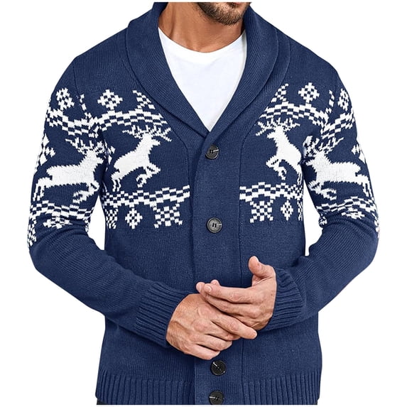 Mens Christmas Cardigan Sweater Fall Winter Button up Casual Sweaters Long Sleeve Shawl Collar Knitwear Coat XXL, Blue