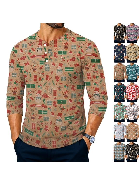 Mens Christmas Casual Henley Neck Tee Plaid Christmas Tree Print Shirts Relaxed Fit Breathable 3/4 Sleeve Tops for Party Gift Dark Blue S