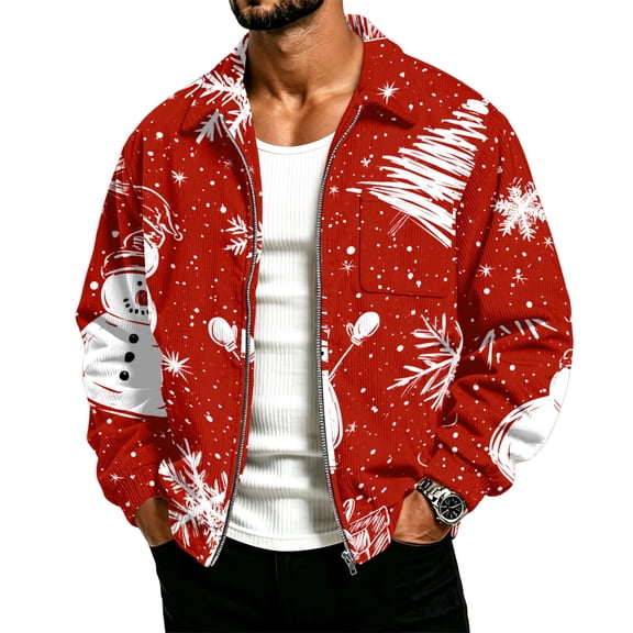 Mens Christmas Corduroy Zip Up Jacket Collared Long Sleeve Sweatshirts Cute Christmas Printed Fashion Overshirts with Pockets Outerwear for Daily Wear