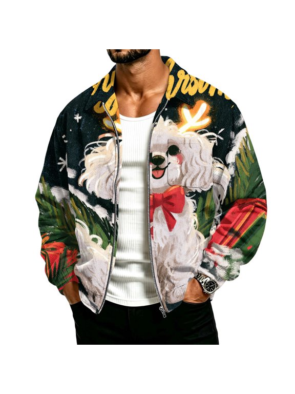 Mens Christmas Corduroy Zip Up Jacket Long Sleeve Collared Sweatshirts Christmas Funny Graphic Fashion Coats with Pockets Outerwear for Daily Wear