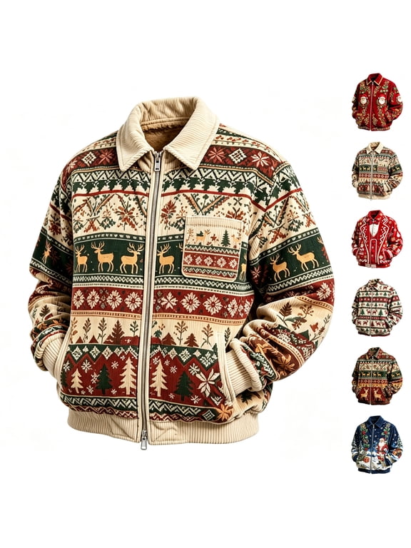 Mens Christmas Corduroy Zip Up Shacket Baggy Collared Long Sleeve Casual Shirt Jackets Classic Christmas Themed Outerwear for Daily Wear or Working
