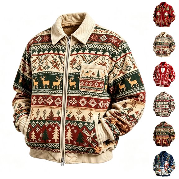 Mens Christmas Corduroy Zip Up Shacket Baggy Notched Collar Long Sleeve Shirt Jackets Cute Xmas Printed Coats