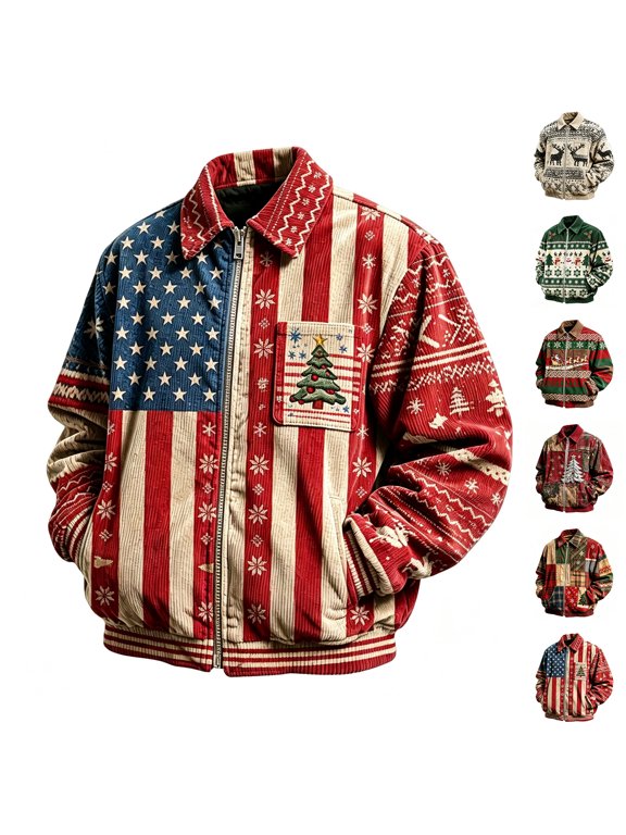 Mens Christmas Corduroy Zip Up Shacket Loose Fit Ribbed Texture Long Sleeve Shirt Jackets Classic Christmas Themed Coat Casual Fall Winter Outwear