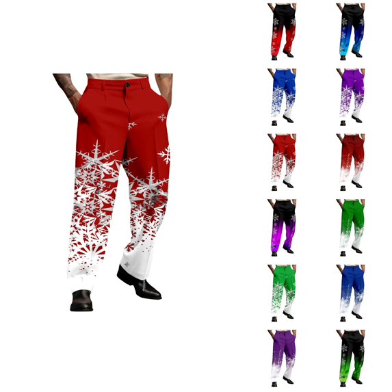 Mens Christmas Dress Pants Gradient Color Festive Snowflake Print Holiday Business Casual Suit Pants