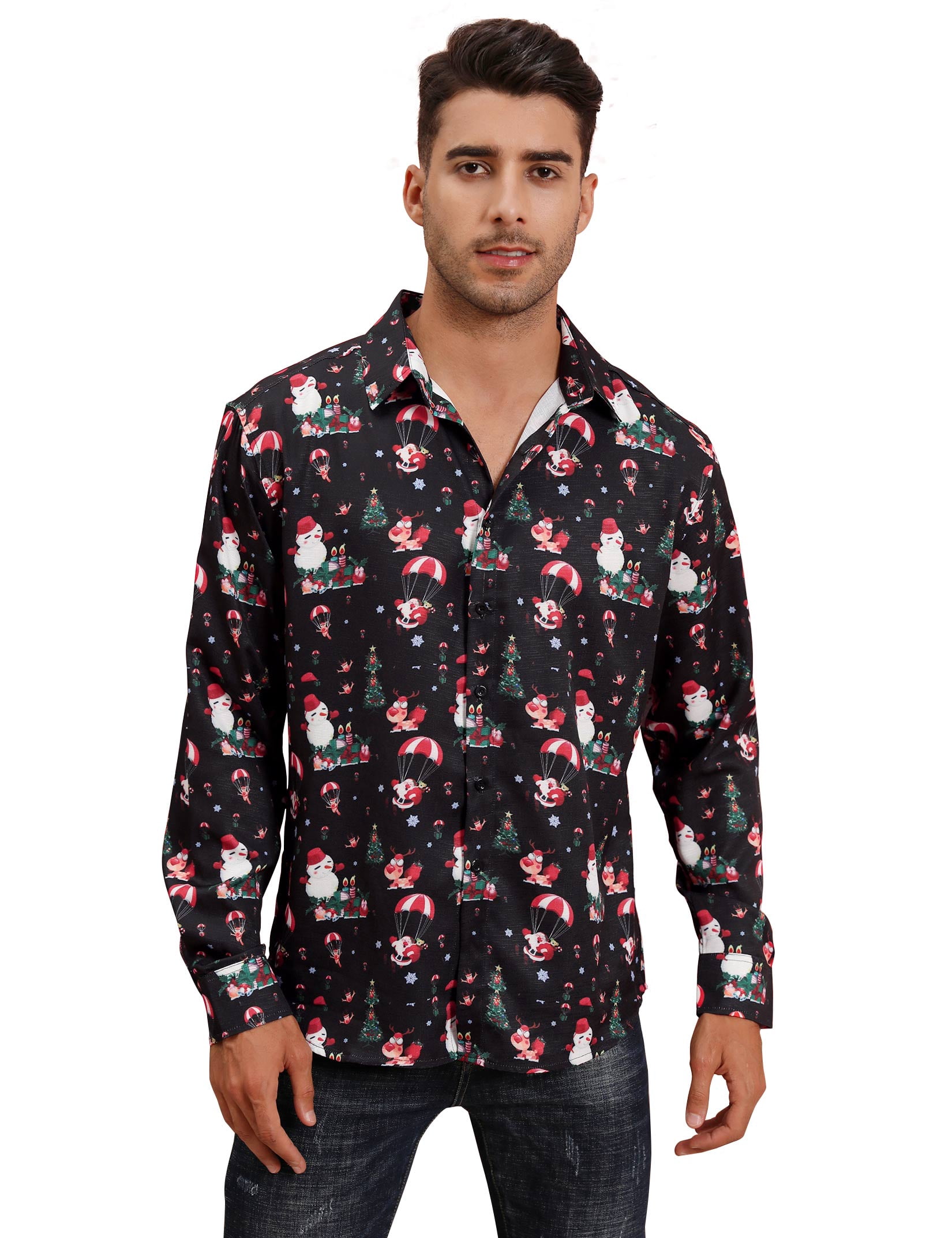 Men's Christmas Button Down Shirts - Casual Xmas Long Sleeve Funky Print Dress  Shirt For Holiday Parties
