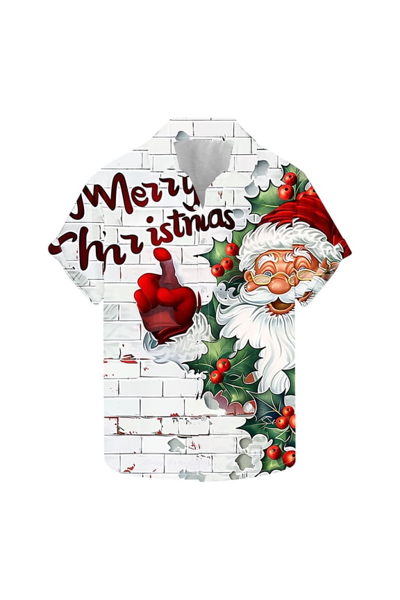 Mens Christmas Hawaiian Shirt Casual Button Down Shirts Funny Santa Claus Printed Blouse Short Sleeve Pullover Christmas Tree Sweatshirt Xmas Party Holiday Shirt Festive Santa Tops, S-5XL