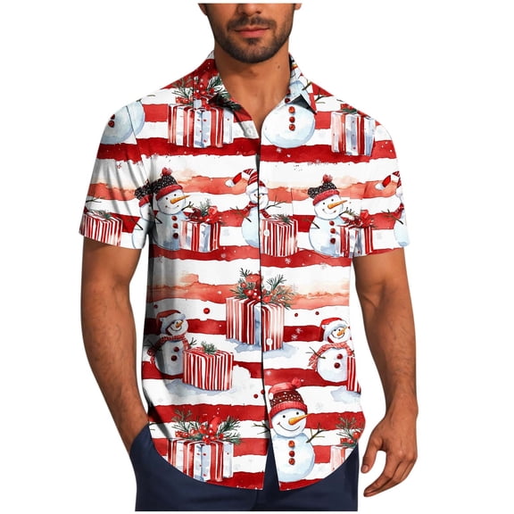 Mens Christmas Hawaiian Shirts Party Short Sleeve Button Down Shirt Turndown Collar Blouse