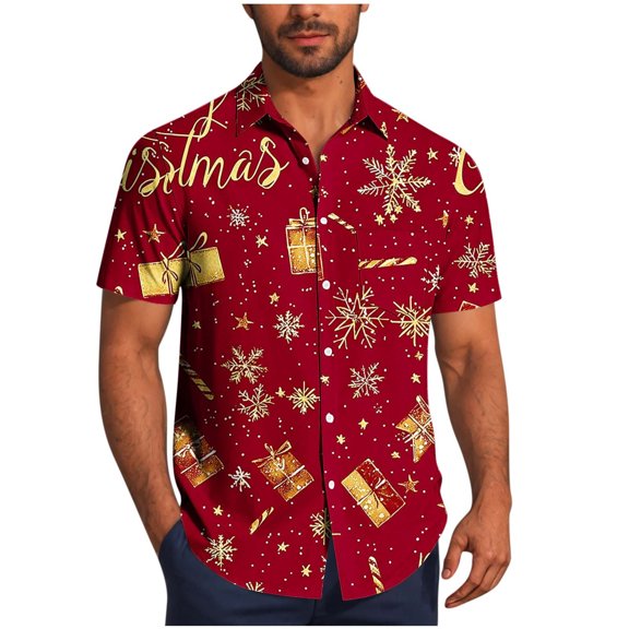 Mens Christmas Hawaiian Shirts Party Short Sleeve Button Down Shirt Turndown Collar Blouse