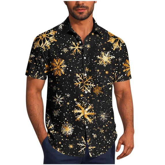 Mens Christmas Hawaiian Shirts Party Short Sleeve Button Down Shirt Turndown Collar Blouse