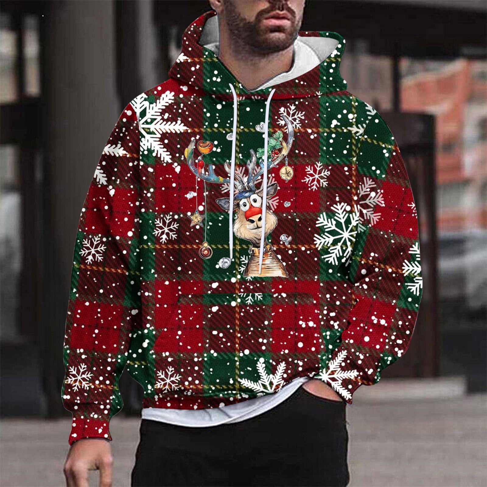 Mens Christmas Hooded Coat,Men Christmas Ugly 3D Printed Graphic Long  Sleeve Hoodies,Plus Size Christmas Sweatshirt for Men Xmas Tree Loose Fit