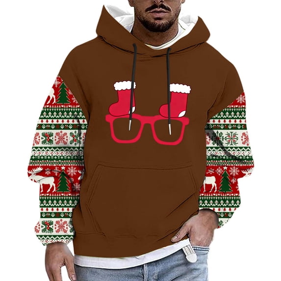 Mens Christmas Hoodie Funny Reindeer Print Pullover Plus Size Vintage Aztec Graphic Sweatshirt