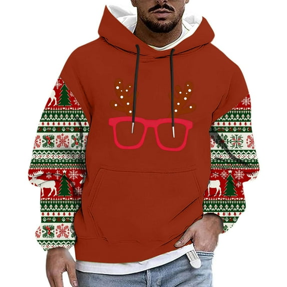 Mens Christmas Hoodie Funny Reindeer Print Pullover Plus Size Vintage Aztec Graphic Sweatshirt