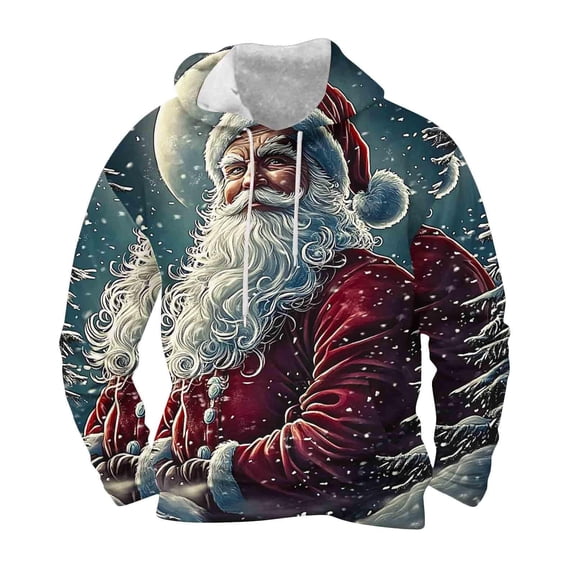 Mens Christmas Hoodie Snowflake Reindeer Santa Graphic Long Sleeve Drawstring Hooded Soft Comfy Pullover
