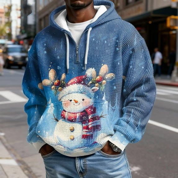 Mens Christmas Hoodies Waffle Knit Quarter Zip Hooded Sweatshirt with Front Pocket for Holiday Casual Wear Royal Blue S