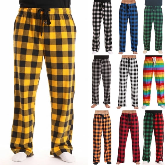Mens Christmas Pajama Pants Comfy Soft Funny Plaid Pajama Pants with Pockets Fall Winter Color Block FlannelSoft Sleep Pants Yellow XXXL