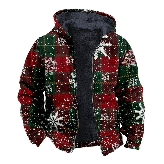 Mens Christmas Plaid Snowflake Print Long Sleeved Zippered Double Pocket Hooded Jacket