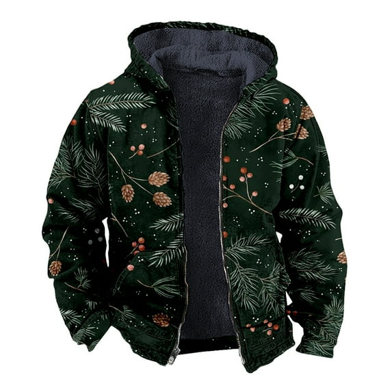 Mens Christmas Plaid Snowflake Print Long Sleeved Zippered Double Pocket Hooded Jacket