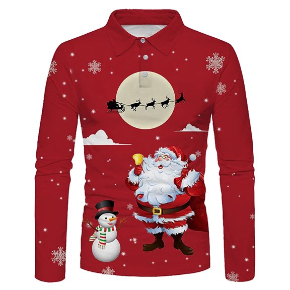 Mens Christmas Polo T-Shirt Fashion Christmas Digital Print Button Lapel Long Sleeve Boho Tops for Men,Red,2XL