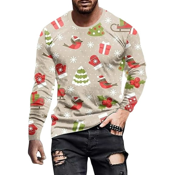 Mens Christmas Polos Crew Neck Christmas Print Long Sleeve Base Winter Men Fall Clothes,Beige,M