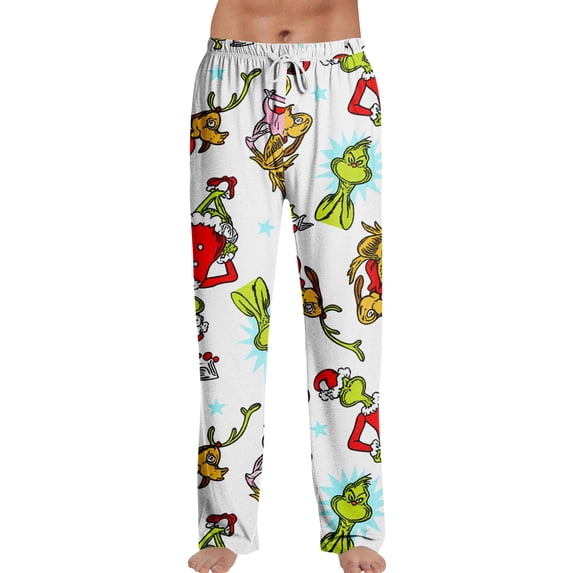 Mens Christmas Print Lounge Pants Casual Loose Sleepwear Bottoms Adjustable Drawstring Soft Holiday Pajamas Homewear for Holiday Mornings