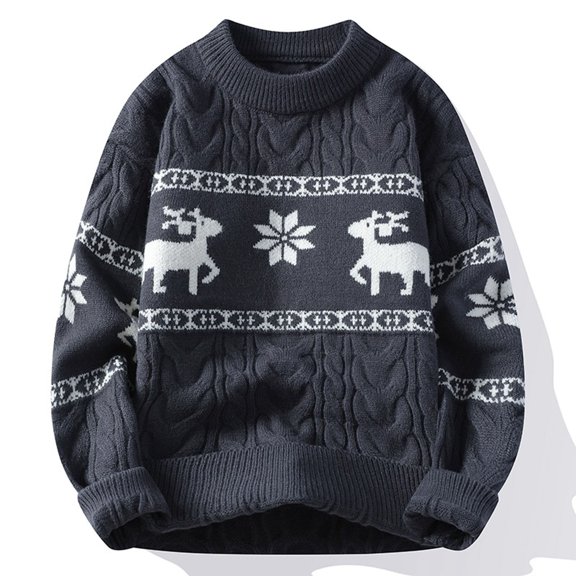 Mens Christmas Printed Crewneck Sweater Long Sleeve Casual Knit Pullover for Fall Winter Warm Soft Knitwear with Festive Graphic Design