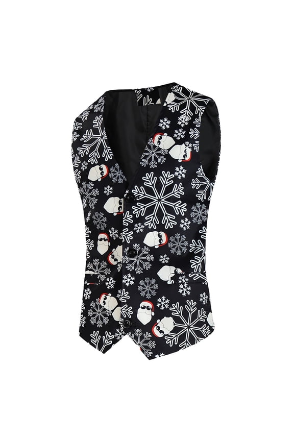 Mens Christmas Printed Pocket Buttons Sleeveless V Neck Vest Jacket Suit Vest