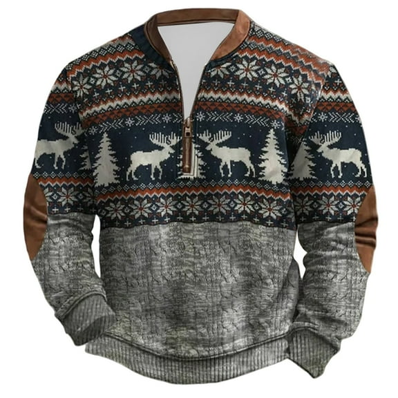 Mens Christmas Quarter Zip Pullover Hoodless Sweatshirt Long Sleeve Crewneck Thermal Lined Winter Warm Top