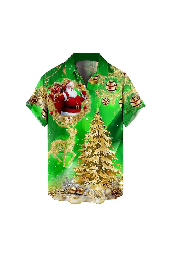 Mens Christmas Shirts Tops Santa Claus Pattern Button Down Fashion Short Sleeve Lapel Mens Graphic T-Shirts,Gold,L