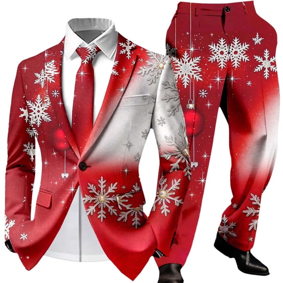 Mens Christmas Suit 2 Piece Formal One Button Xmas Jacket Blazer And Trousers Set Slim Fit Winter Party Wedding Men's Suits