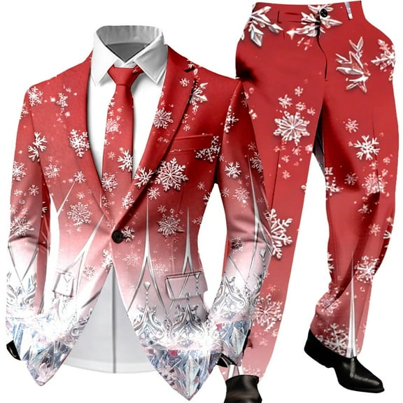 Mens Christmas Suit 2 Piece Funny One Button Formal Xmas Jacket Blazer And Pant Outfit Slim Fit Winter Festive Party Men's Suits