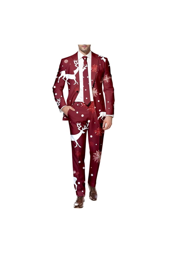 Mens Christmas Suit 2 Piece Funny One Button Xmas Reindeer Jacket Tuxedo And Trousers Set Slim Fit Winter Party Ugly Christmas Suit
