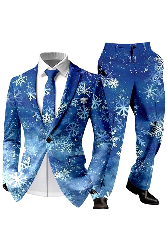 Mens Christmas Suit 2 Piece One Button Xmas Jacket Blazer with Pockets And Pant Set Funny Snowflake Slim Fit Winter Party Men's Suits