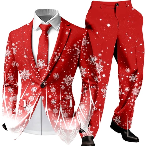 Mens Christmas Suit 2 Piece One Button Xmas Jacket Blazer with Pockets And Pant Set Funny Snowflake Slim Fit Winter Party Mens Suits