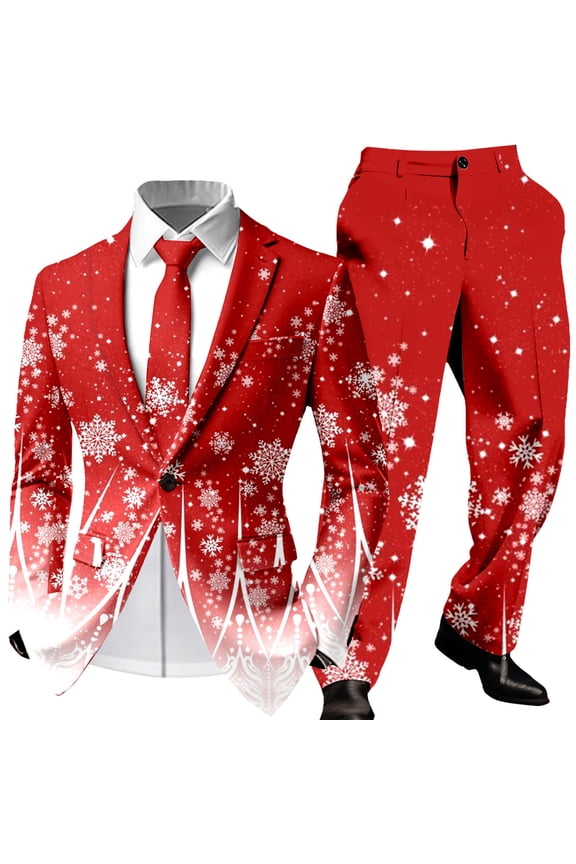 Mens Christmas Suit 2 Piece One Button Xmas Jacket Blazer with Pockets And Pant Set Funny Snowflake Slim Fit Winter Party Mens Suits