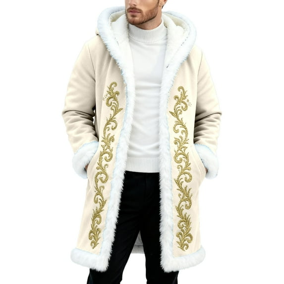 Mens Christmas Suit Christmas Cardigan Santa Jacket Coat for Men Hoodies Claus Adult Suit Outfit Party Women Warm Lined Long Fleece Beige XXXL