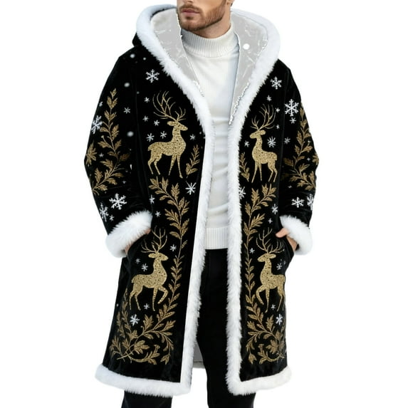 Mens Christmas Suit Christmas Cardigan Santa Jacket Coat for Men Hoodies Claus Adult Suit Outfit Party Women Warm Lined Long Fleece Black XXL