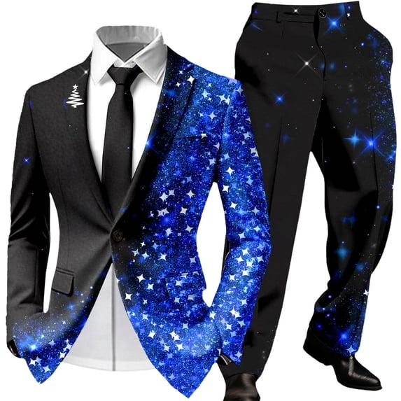 Mens Christmas Suit Set Graphic Blazer and Matching Pants Festive Holiday Party Outfit for Seasonal Events Blue L