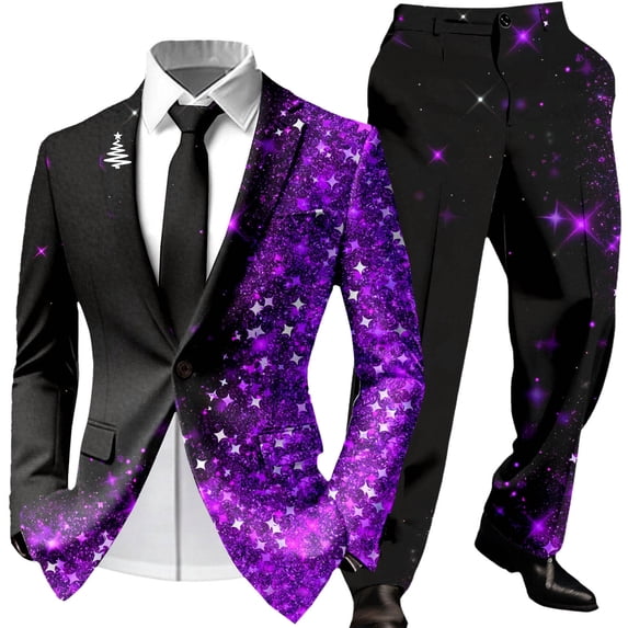 Mens Christmas Suit Set Graphic Blazer and Matching Pants Festive Holiday Party Outfit for Seasonal Events Dark Purple XL