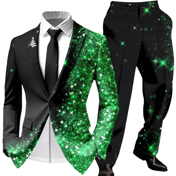 Mens Christmas Suit Set Graphic Blazer and Matching Pants Festive Holiday Party Outfit for Seasonal Events Green M