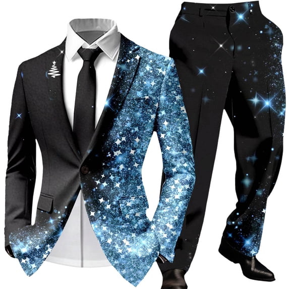 Mens Christmas Suit Set Graphic Blazer and Matching Pants Festive Holiday Party Outfit for Seasonal Events Sky Blue S